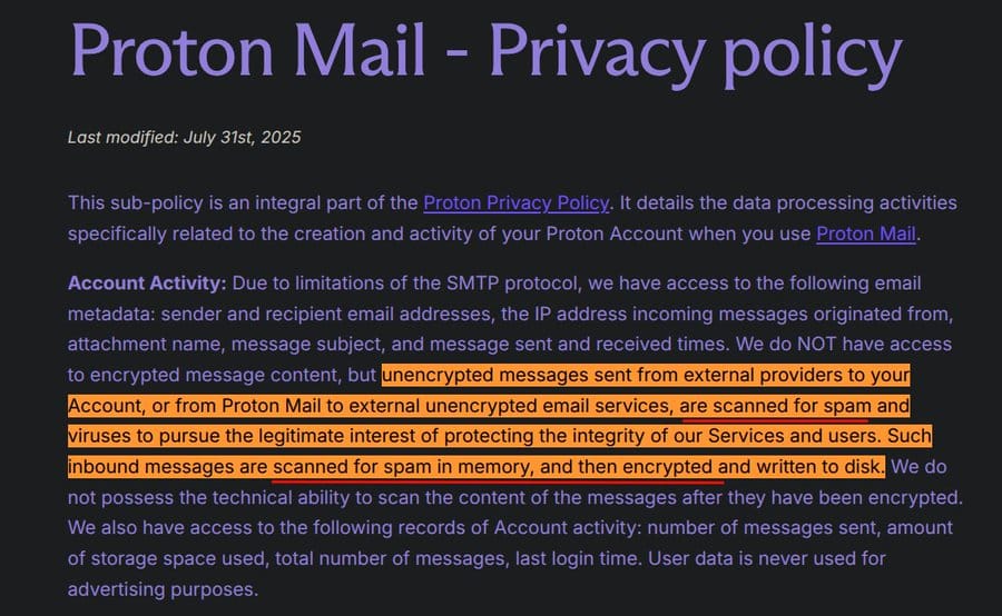 Proton admits seeing email content before encrypting